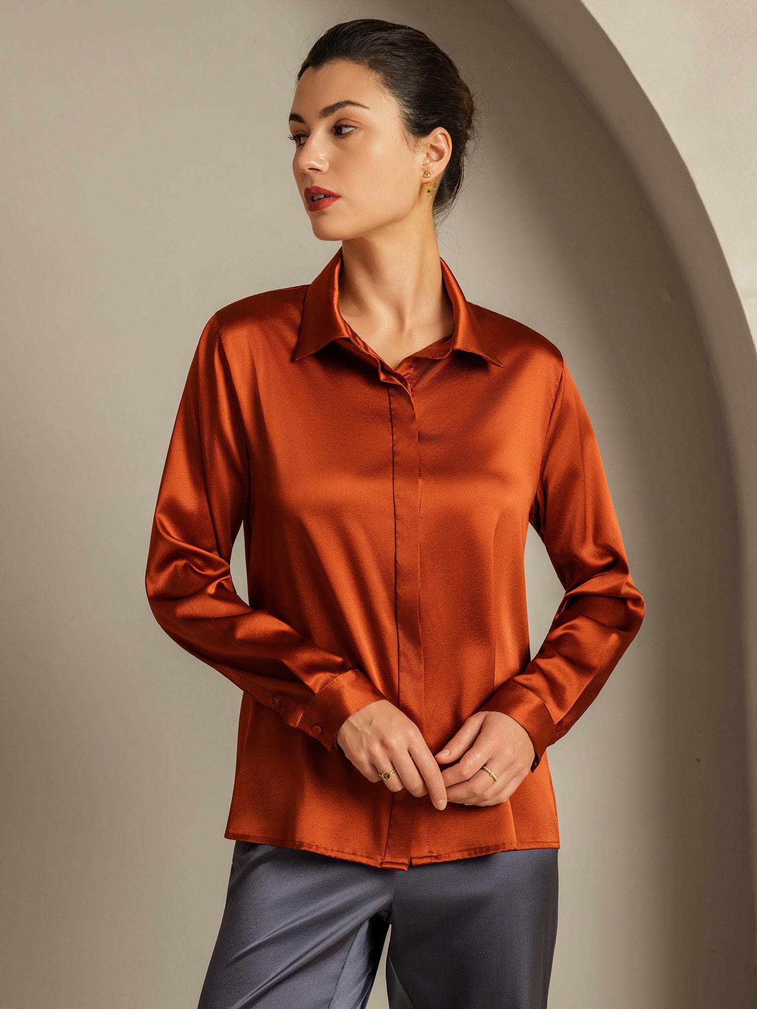 [Caramel] SilkSilky-FR 19Momme Soie Col Chemise Femme Chemise 001