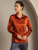 [Caramel] SilkSilky-FR Long Sleeve Lapel Collar Femme Chemise 001