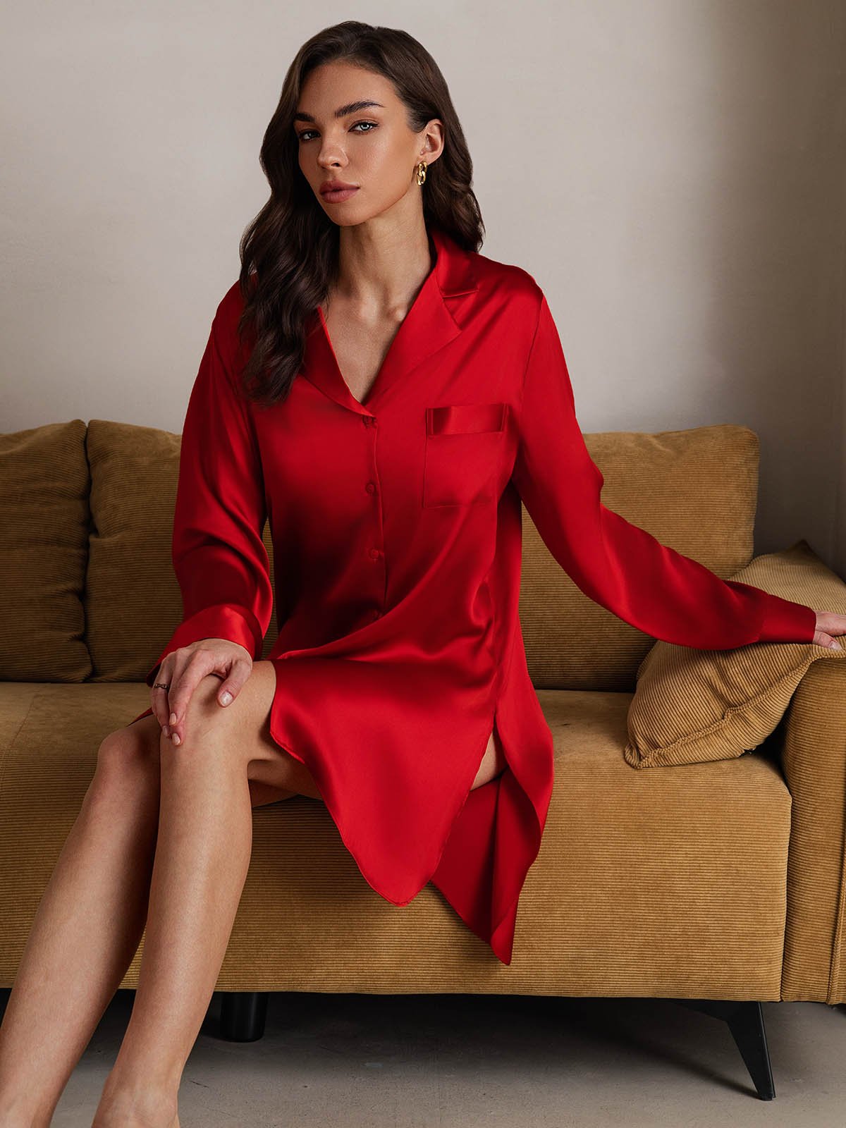 [Rouge] SilkSilky-FR Soie Col Chemise Chemises de nuit 007