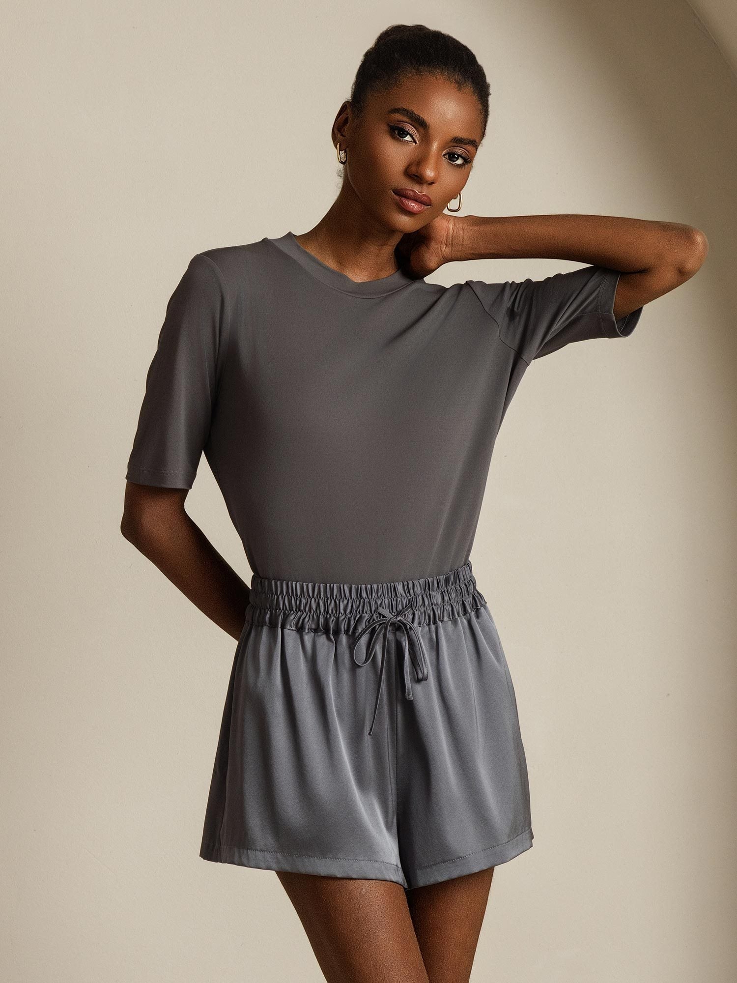 [Gris] SilkSilky-FR Soie Col Rond Femme T-Shirt 001