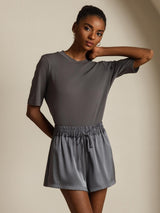 [Gris] SilkSilky-FR Half Sleeve Crew Neck Femme T-Shirt 001