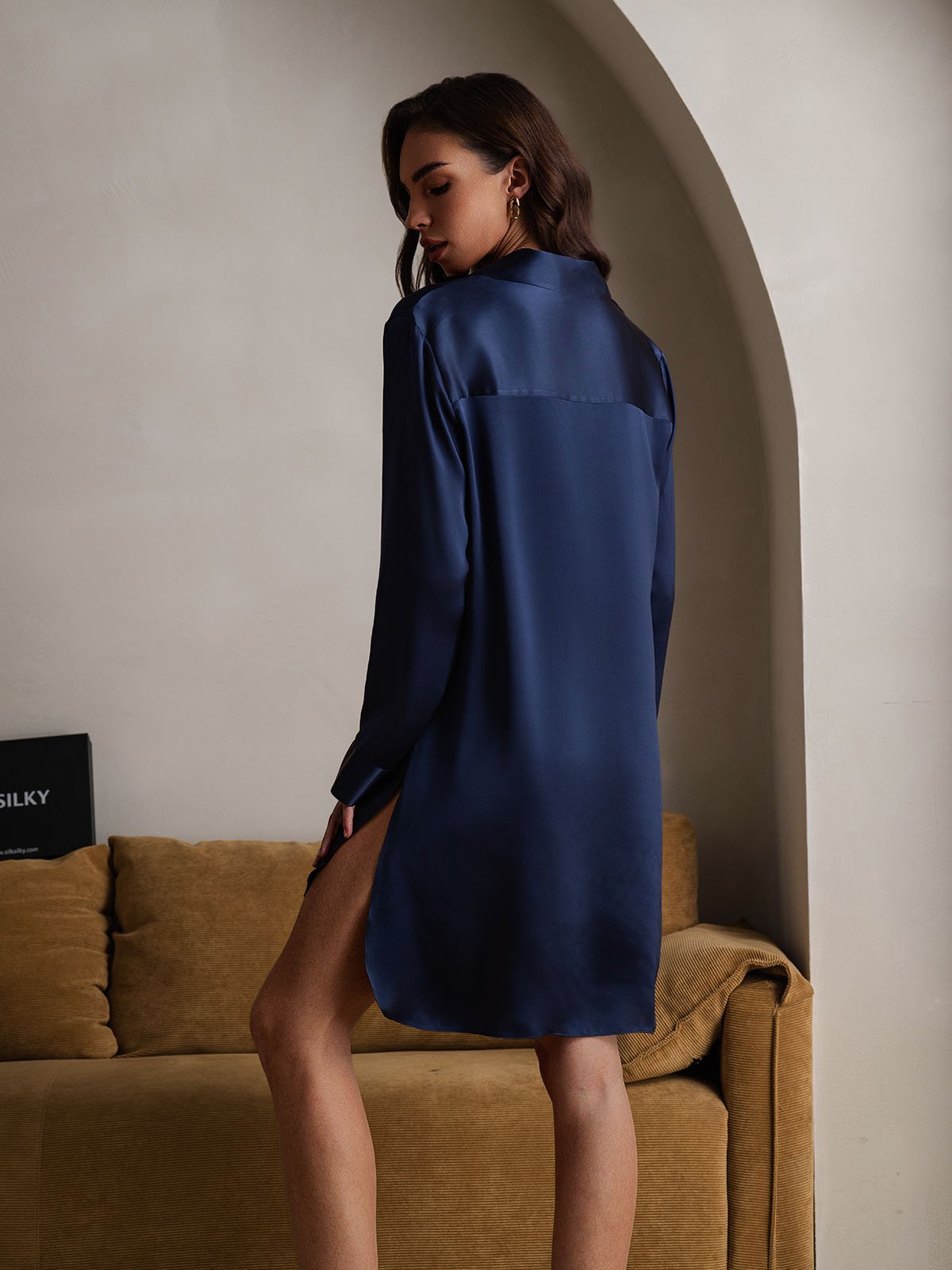 [BleuFoncé] SilkSilky-FR Soie Col Chemise Chemises de nuit 002