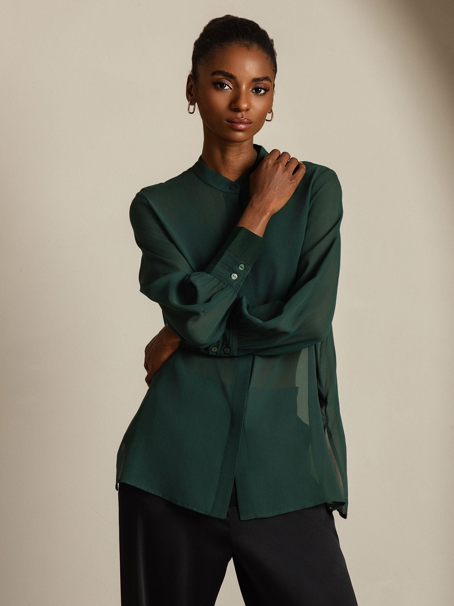 [Vert Foncé] SilkSilky-FR Soie Womens Shirt 003