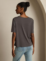 [Gris] SilkSilky-FR Manches courtes Col V Femme T-Shirt 002