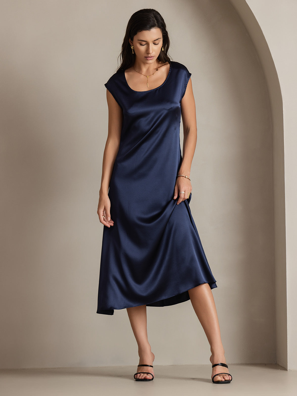 [Bleu Foncé] SilkSilky-FR 19Momme Soie Col Rond Robes 004
