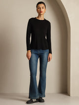 [Noir] SilkSilky-FR Long Sleeve Crew Neck Femme T-Shirt 008