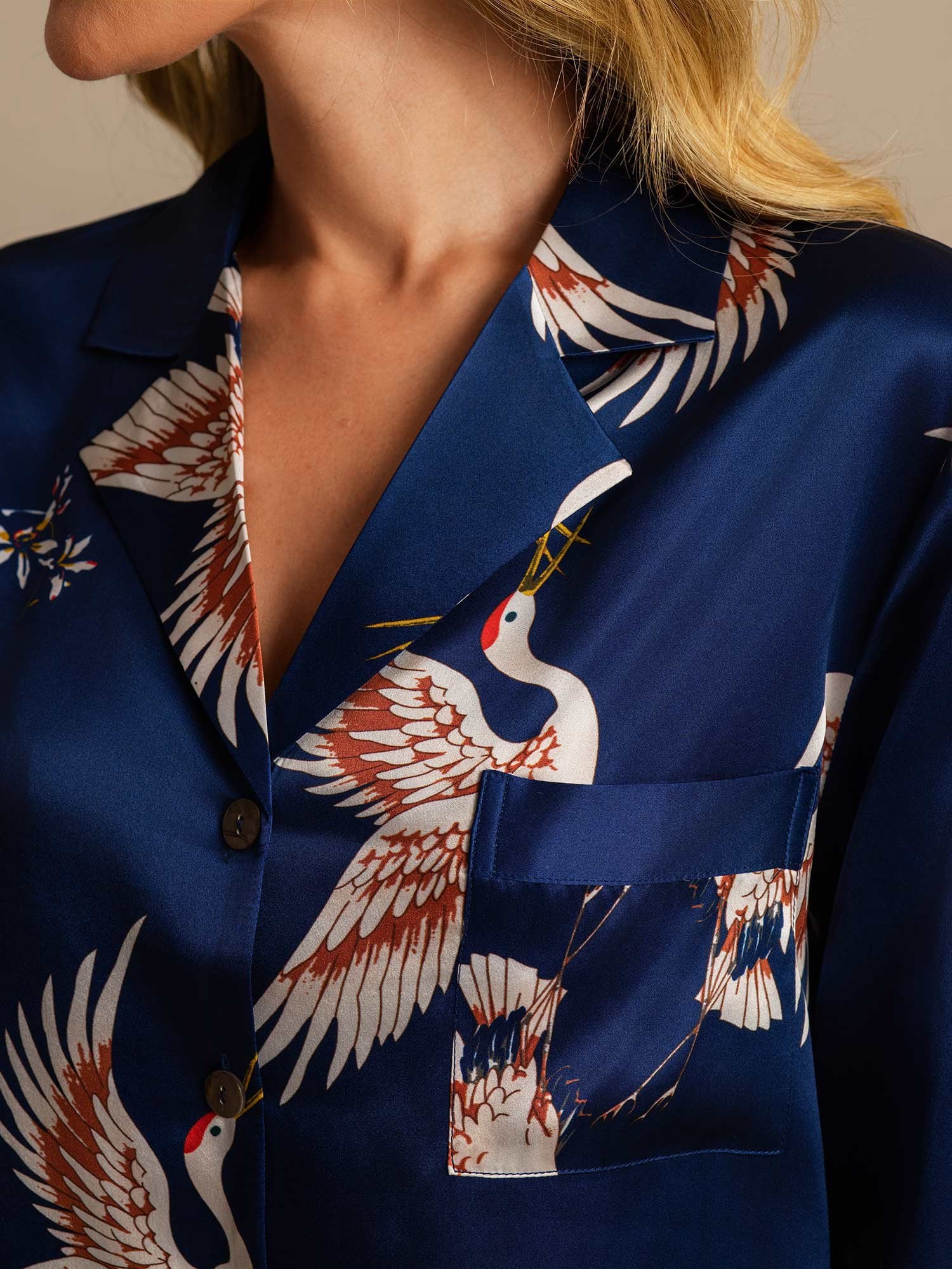 [BleuFoncé] SilkSilky-FR 19Momme Soie Col Chemise Chemise pour dormir 004