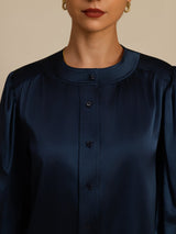[Bleu Foncé] SilkSilky-FR 19Momme Long Sleeve Round Neck Blouse 006