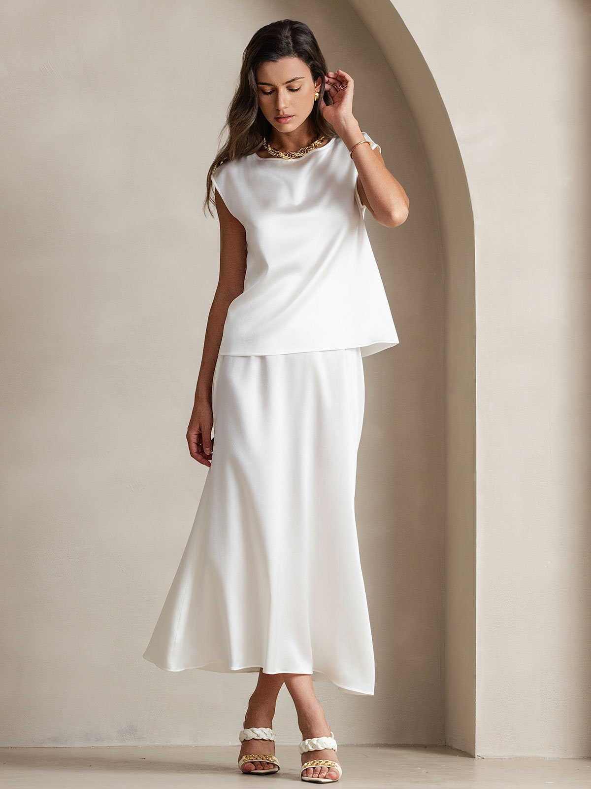 [Blanc] SilkSilky-FR 19Momme Soie Col Rond Femme T-Shirt 004
