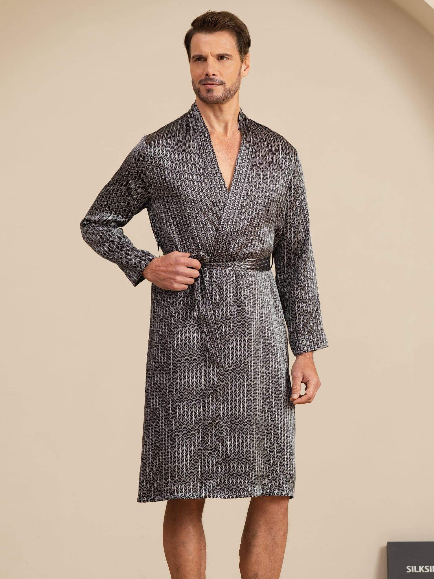 [Ginkgo Noir] SilkSilky-FR Long Sleeve V Neck Homme Peignoir 001