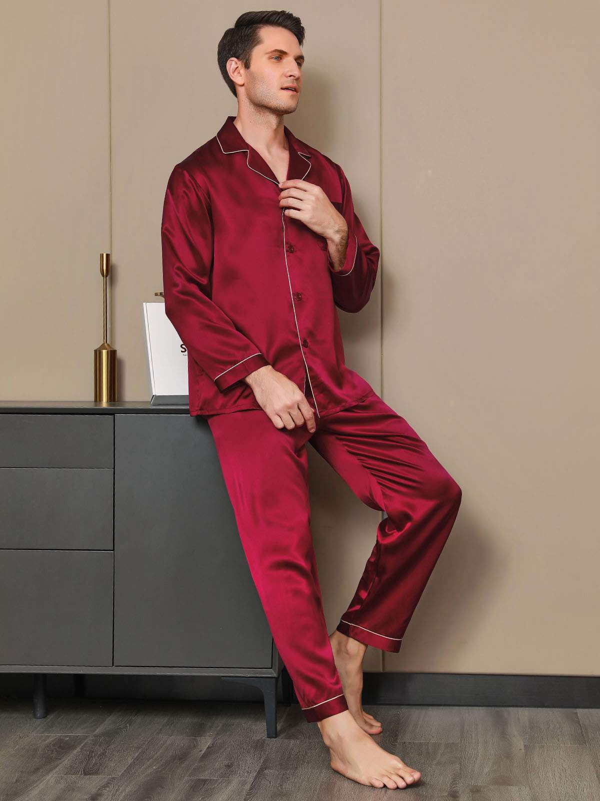 SilkSilky FR Pure Soie Manches longues Revers Homme Pyjamas RougeVineux 006