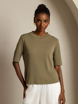 [Olive Brûlée] SilkSilky-FR Half Sleeve Crew Neck Femme T-Shirt 001
