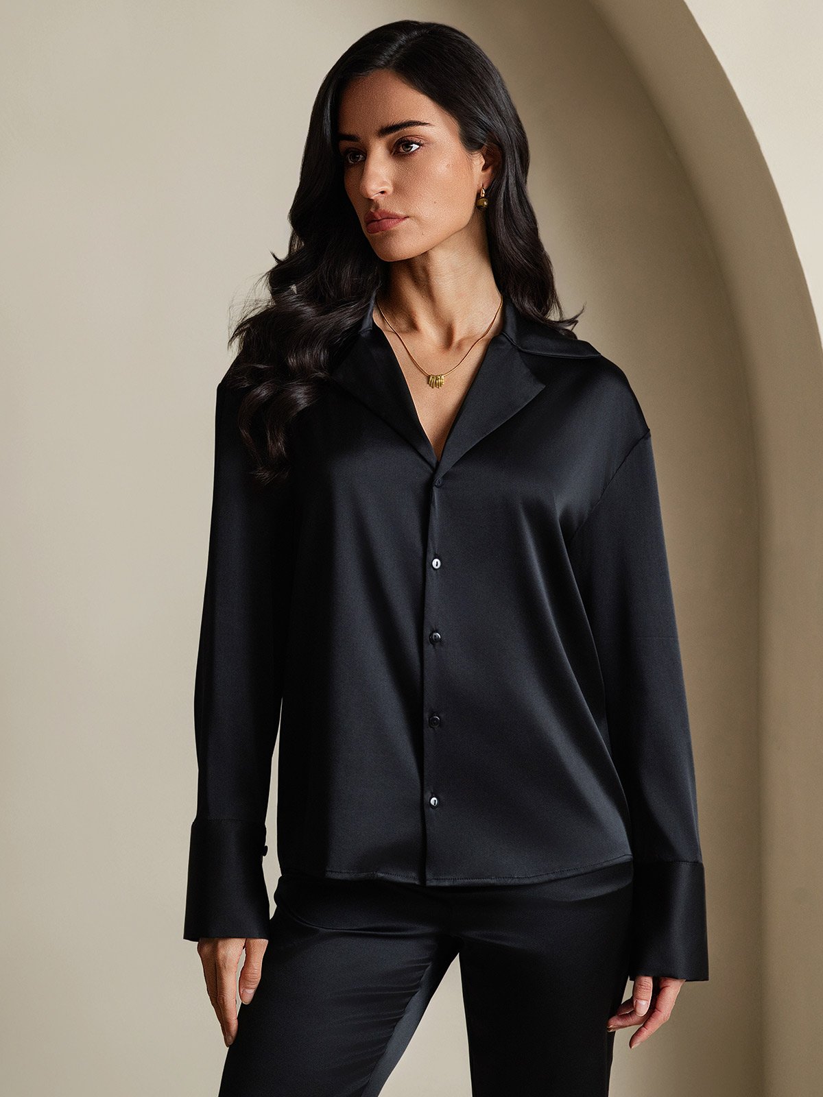 [Noir] SilkSilky-FR 19Momme Soie Womens Shirt 004