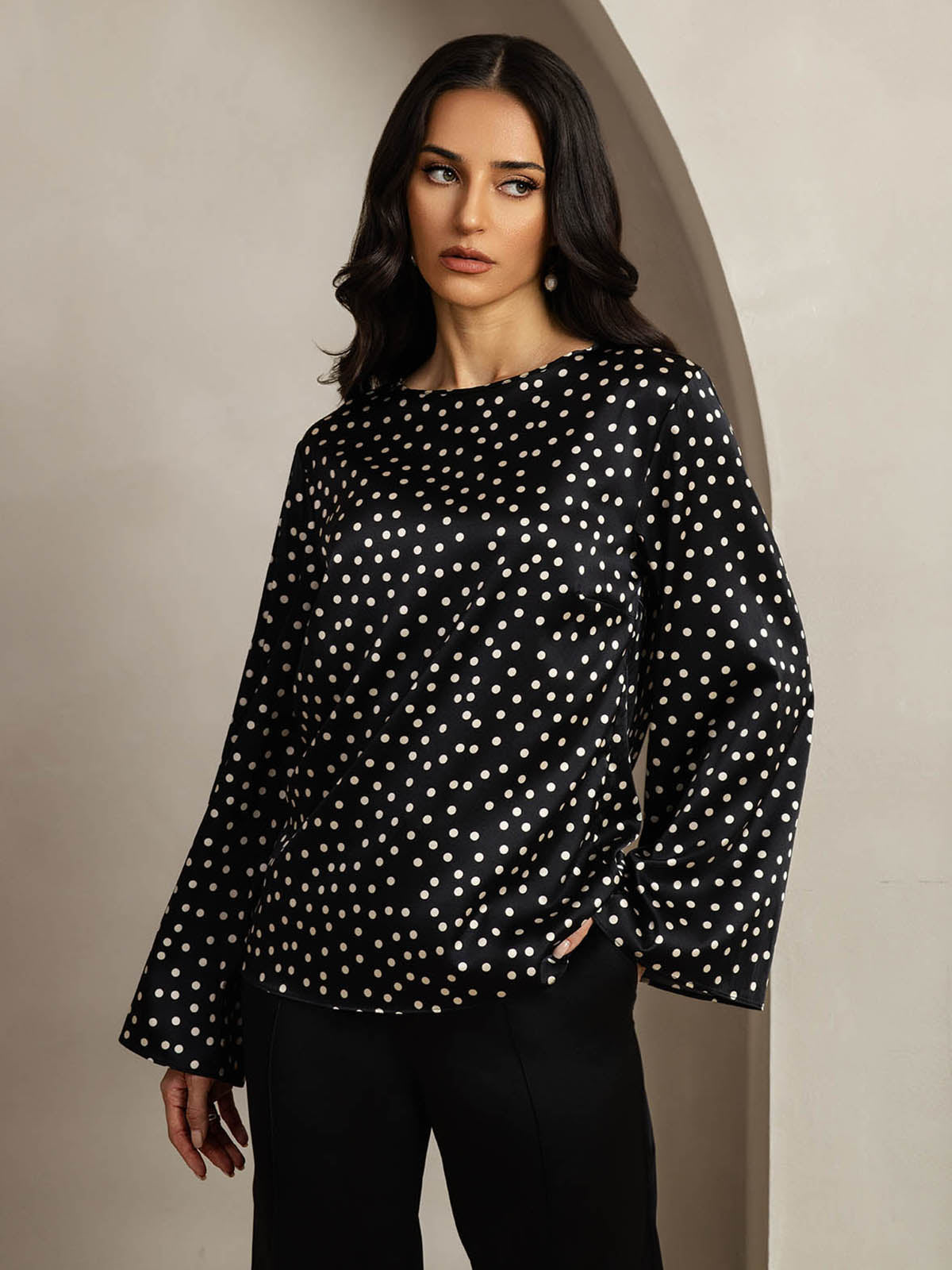 [Pois] SilkSilky-FR 19Momme Soie Col Rond Femme T-Shirt 001