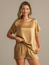 [Tan] SilkSilky-FR 19Momme Manches courtes Col Rond Femme Pyjamas 003