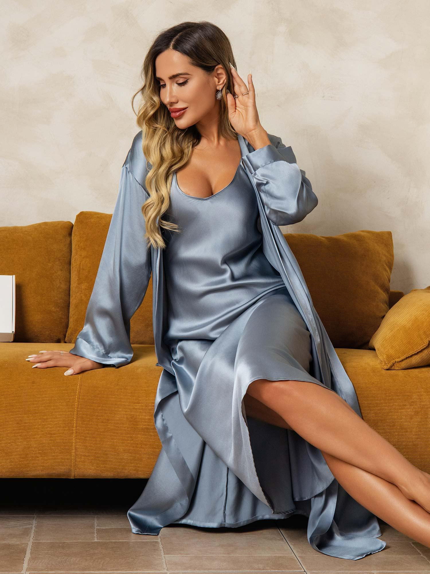 [Bleu Grisâtre] SilkSilky-FR Soie Nightgown&Robe Set 009