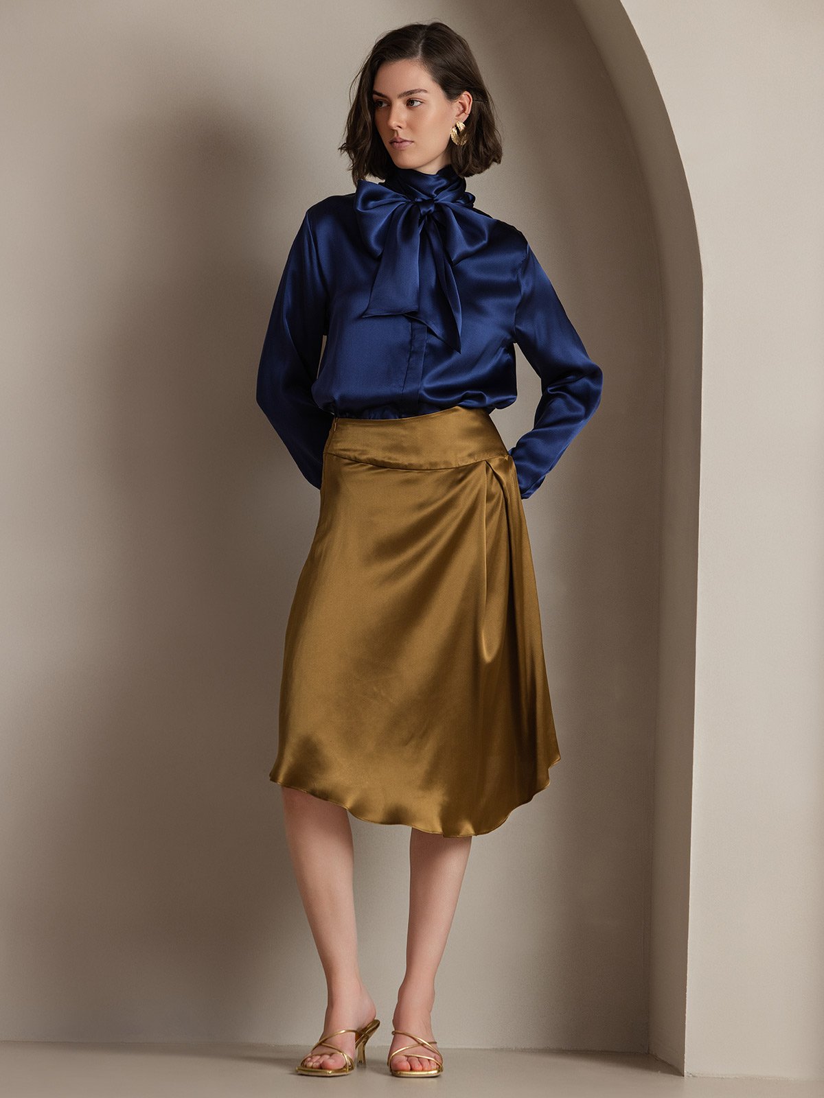 [Bleu Foncé] SilkSilky-FR 19Momme Soie Manches longues Blouse 001