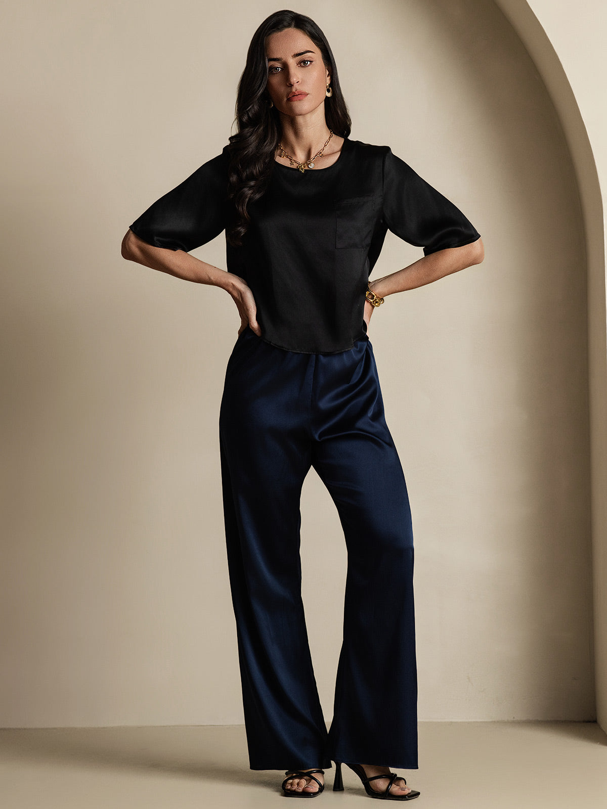 [Noir] SilkSilky-FR Pure Soie Manches mi-longues Col Bateau Femme T-Shirt 006