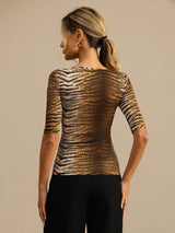 [Tigre] SilkSilky-FR Manches mi-longues Encolure Dégagée Femme T-Shirt 002