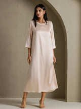 [Beige] SilkSilky-FR 3/4 Sleeve Round Neck Robes 006