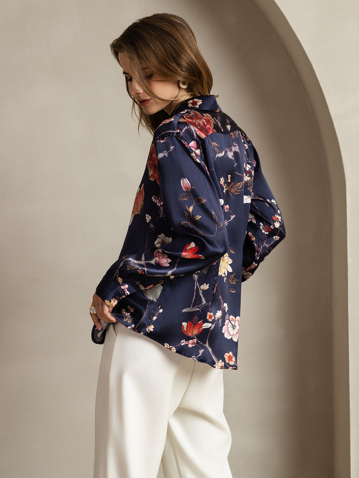 [Floral Marine] SilkSilky-FR Long Sleeve Lapel Collar Femme Chemise 002