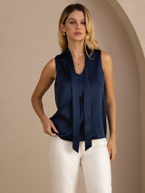 [Bleu Foncé] SilkSilky-FR Sleeveless Tie Neck Top À Fines Brides 003