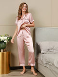 SilkSilky FR Pure Soie Manches courtes Revers Femme Pyjamas Rose 005