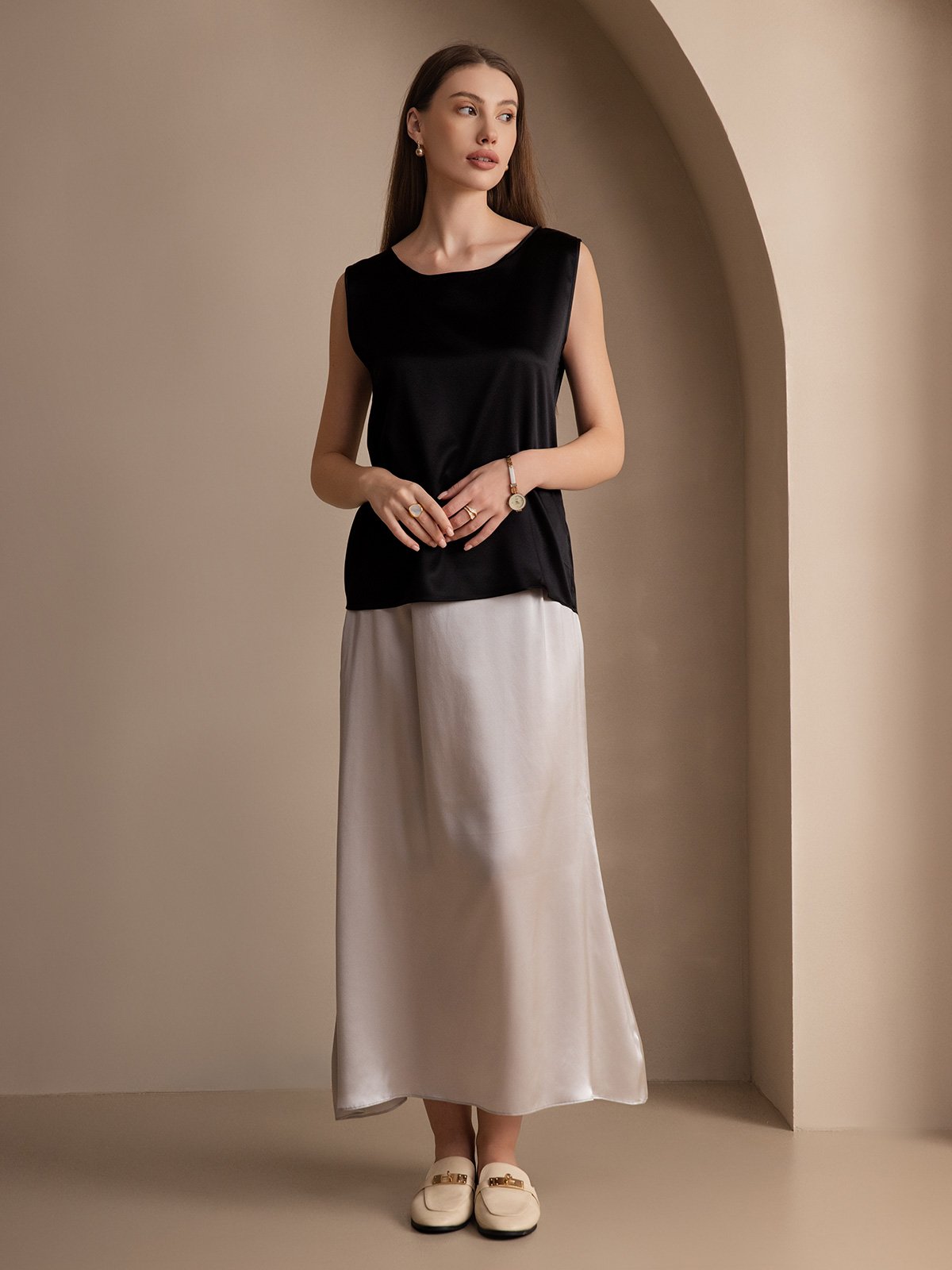 [Noir] SilkSilky-FR 19Momme Soie Col Rond Top À Fines Brides 005