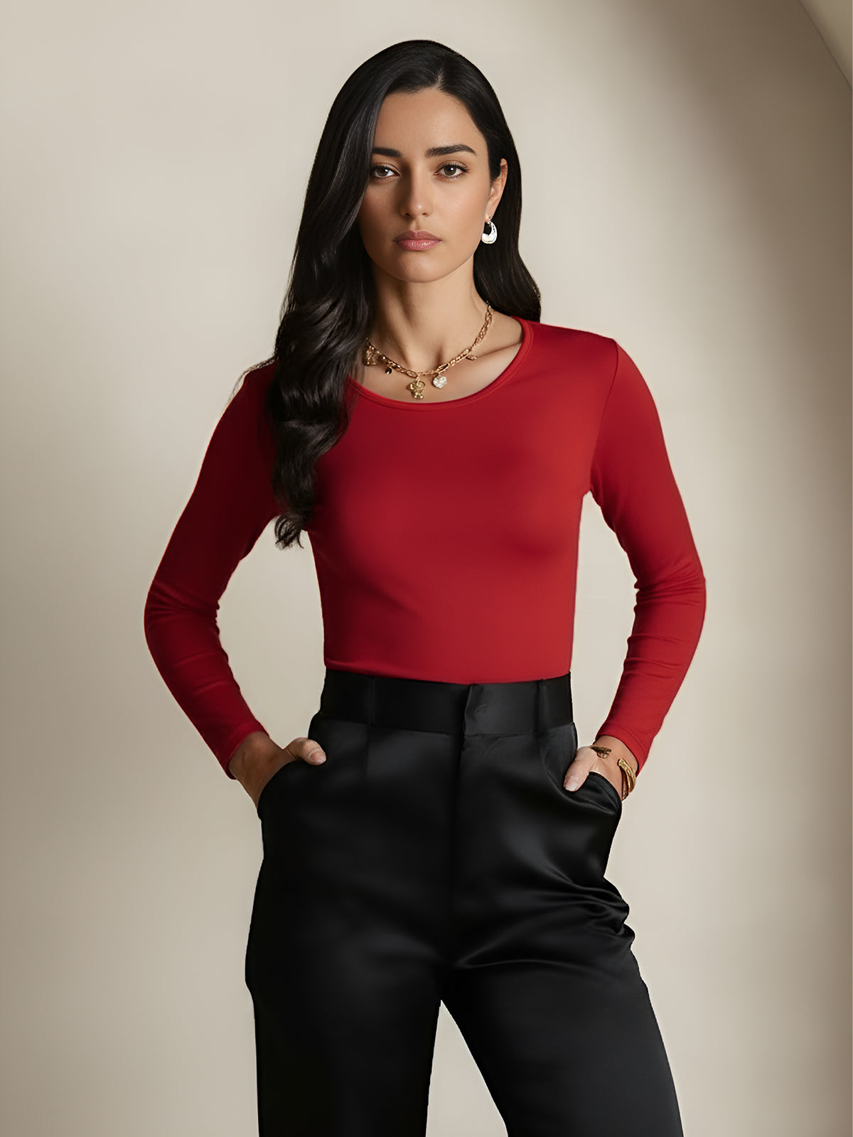 [Rouge Vineux] SilkSilky-FR Manches longues Col Rond Femme T-Shirt 005