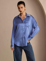 [Rayures Fines Bleues] SilkSilky-FR Long Sleeve Lapel Collar Femme Chemise 003