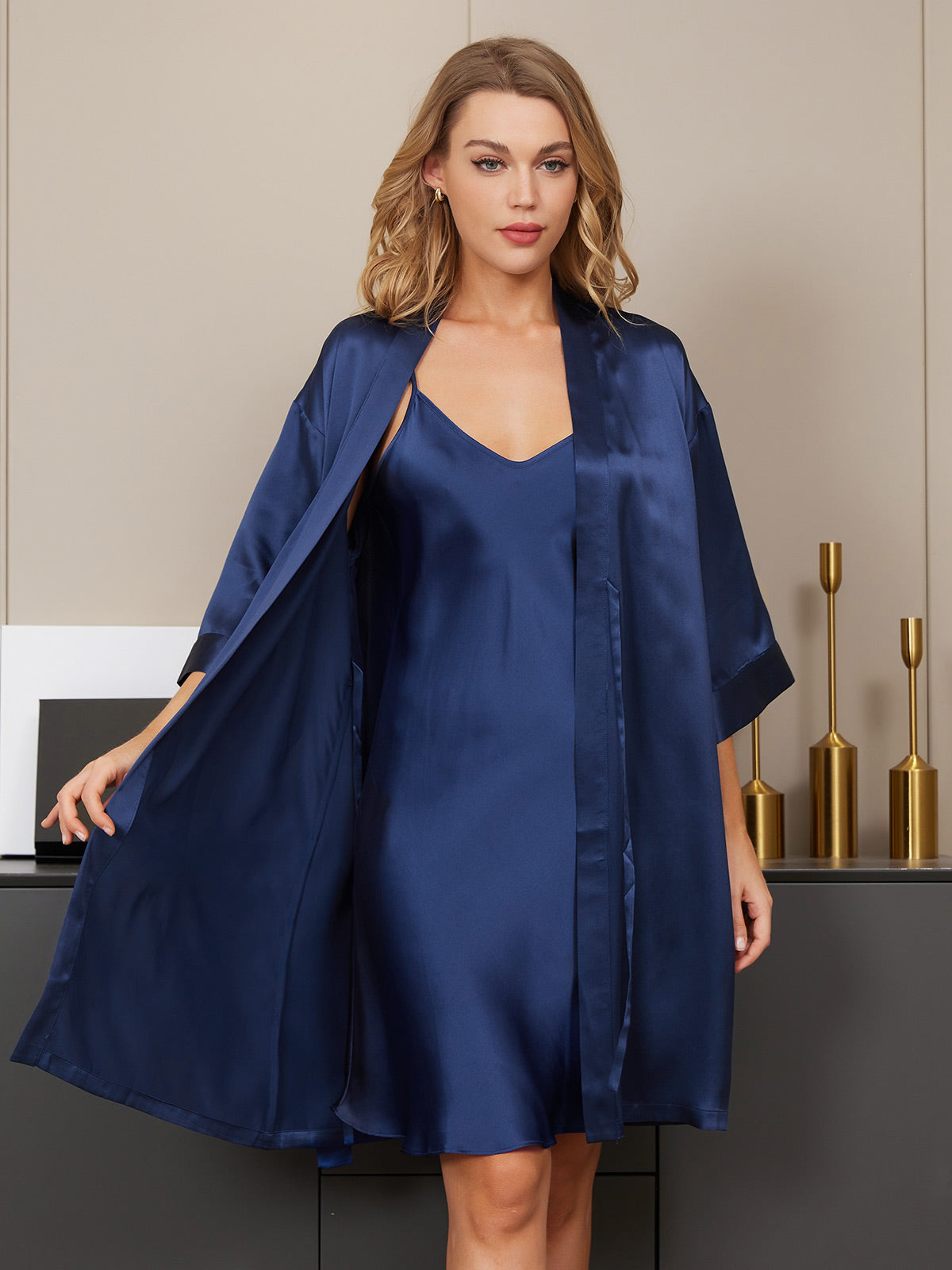 [Bleu Foncé] SilkSilky-FR Soie Nightgown&Robe Set 005