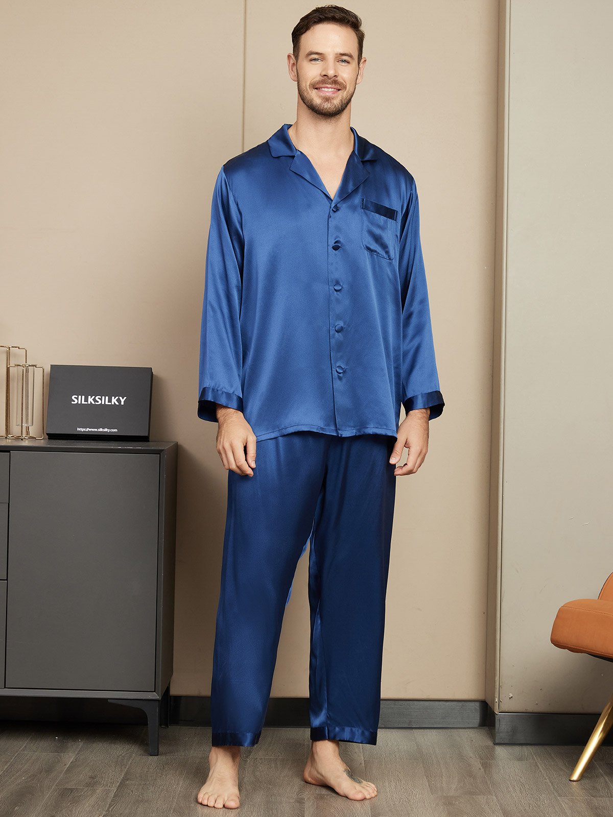 [Bleu Foncé] SilkSilky-FR Pure Soie Mens Pajamas 001