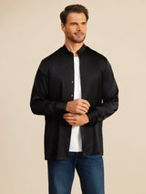 [Noir] SilkSilky-FR Long Sleeve Stand Collar Homme Chemise 004