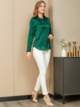[Vert Foncé] SilkSilky-FR Long Sleeve Lapel Collar Femme Chemise 006