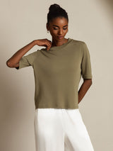 [Olive Brûlée] SilkSilky-FR Half Sleeve Crew Neck Femme T-Shirt 008