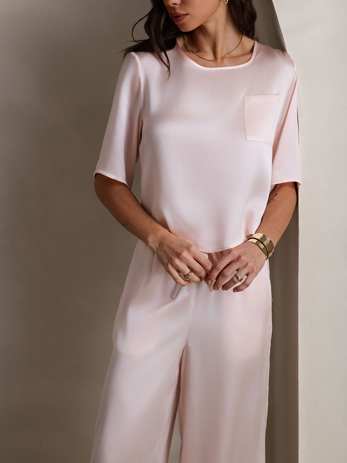[Rose] SilkSilky-FR Pure Soie Col Rond Femme Pyjamas 007