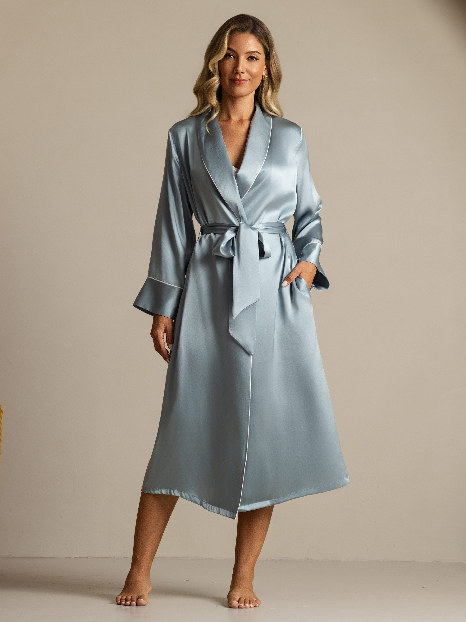 [BleuGrisâtre] SilkSilky-FR Soie Col Chemise Femme Peignoir 003