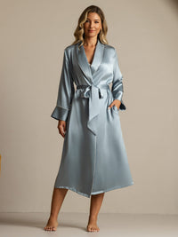 Vue principale peignoir long soie bleu grisâtre ceinture poches