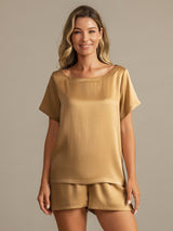 [Tan] SilkSilky-FR 19Momme Manches courtes Col Rond Femme Pyjamas 001