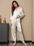 SilkSilky FR Pure Soie Manches longues Revers Femme Pyjamas Blanc 004