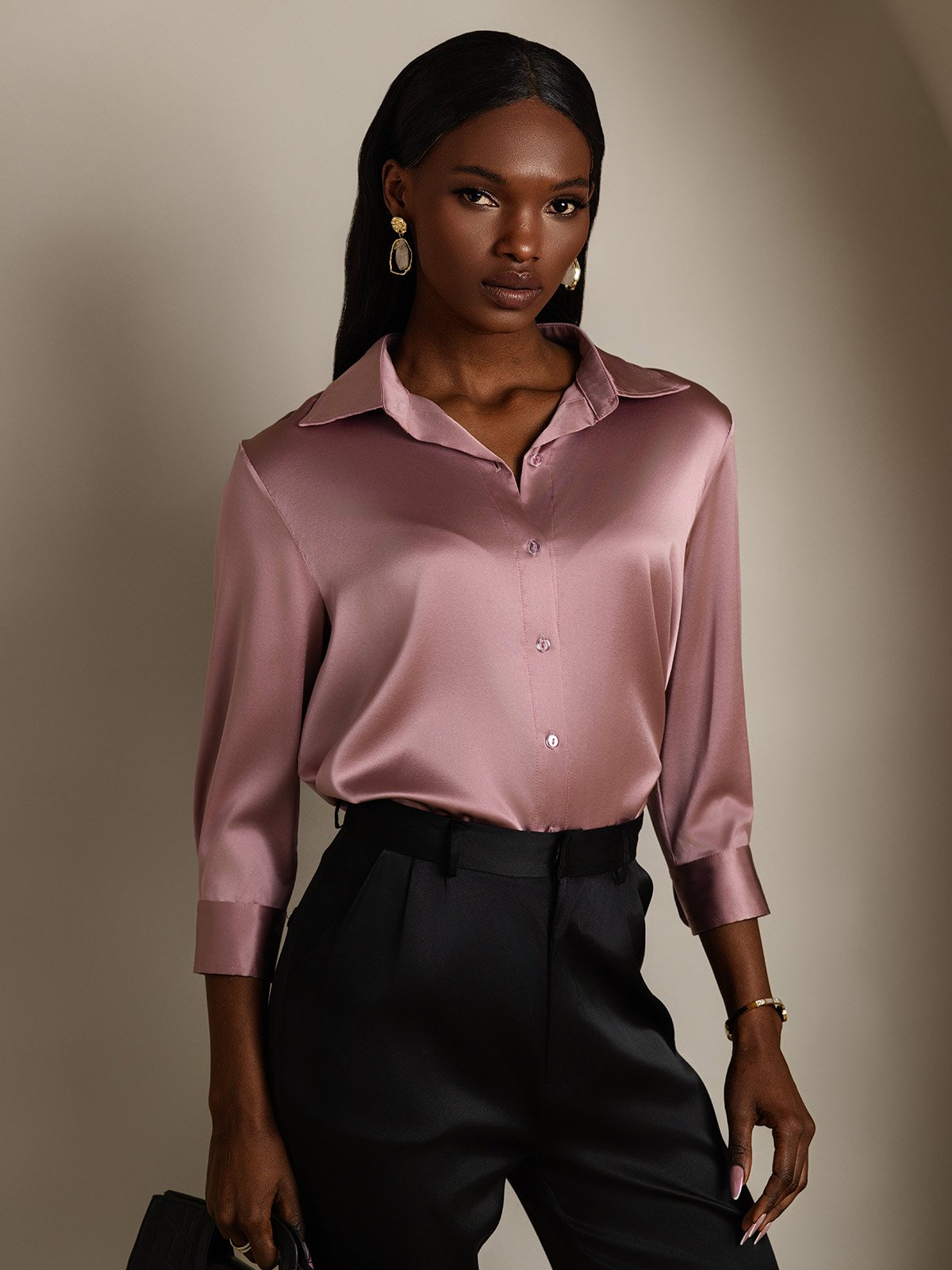 SilkSilky-FR 19Momme Soie Manches longues Revers Femme Chemise MauvePâle 001