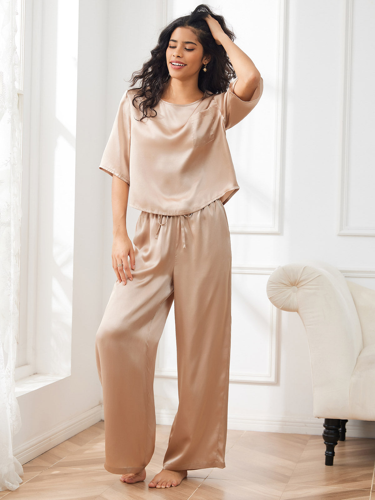 [Champagne] SilkSilky-FR Pure Soie Col Rond Femme Pyjamas 001