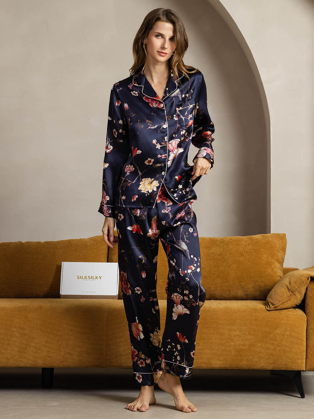 [Floral Marine] SilkSilky-FR Pure Soie Womens Pajamas 001