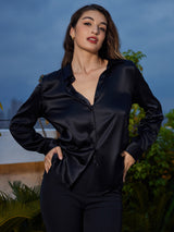 [Noir] SilkSilky-FR Long Sleeve Lapel Collar Femme Chemise 001