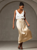 [Blanc] SilkSilky-FR Sleeveless V Neck Top À Fines Brides 008