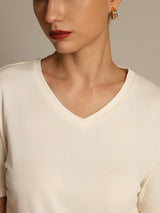 [Beige] SilkSilky-FR Manches courtes Col V Femme T-Shirt 003