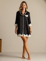 [Noir] SilkSilky-FR Soie Col Chemise Chemise pour dormir 006