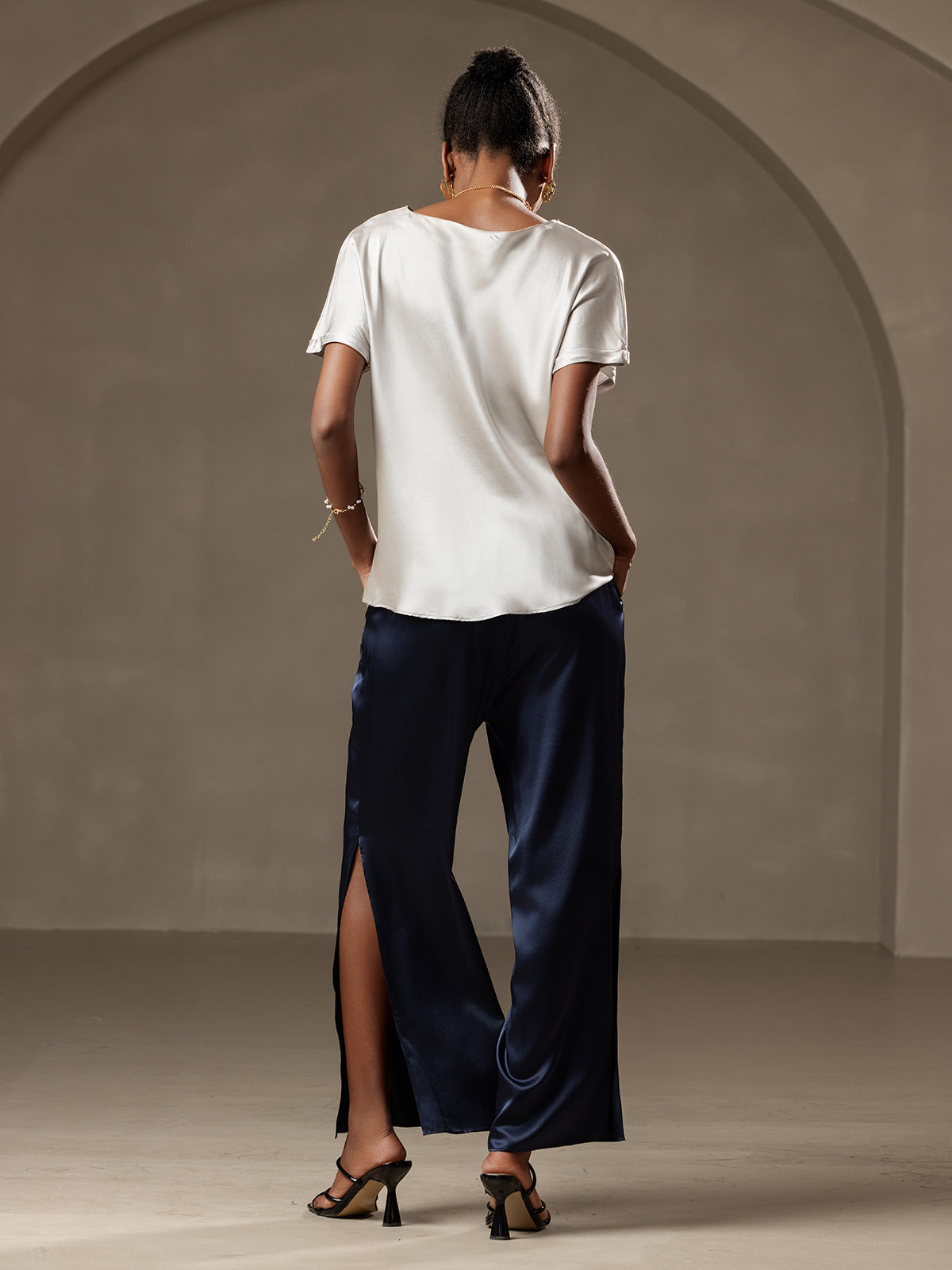 [Gris Clair] SilkSilky-FR 19Momme Soie Col Rond Femme T-Shirt 002