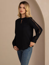 [Noir] SilkSilky-FR Long Sleeve Keyhole Neck Blouse 004