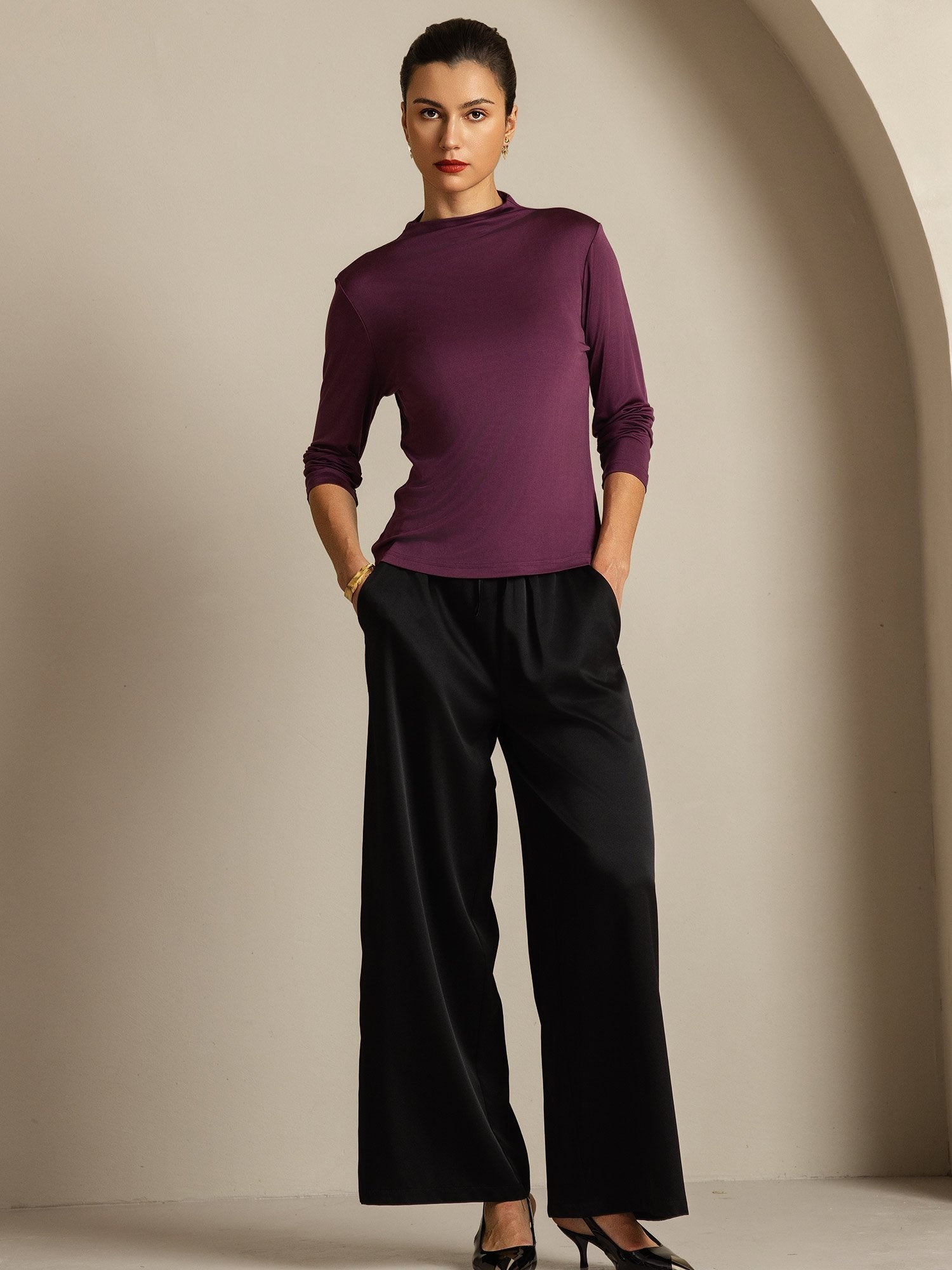 [Violette] SilkSilky-FR Soie Col Haut Femme T-Shirt 005